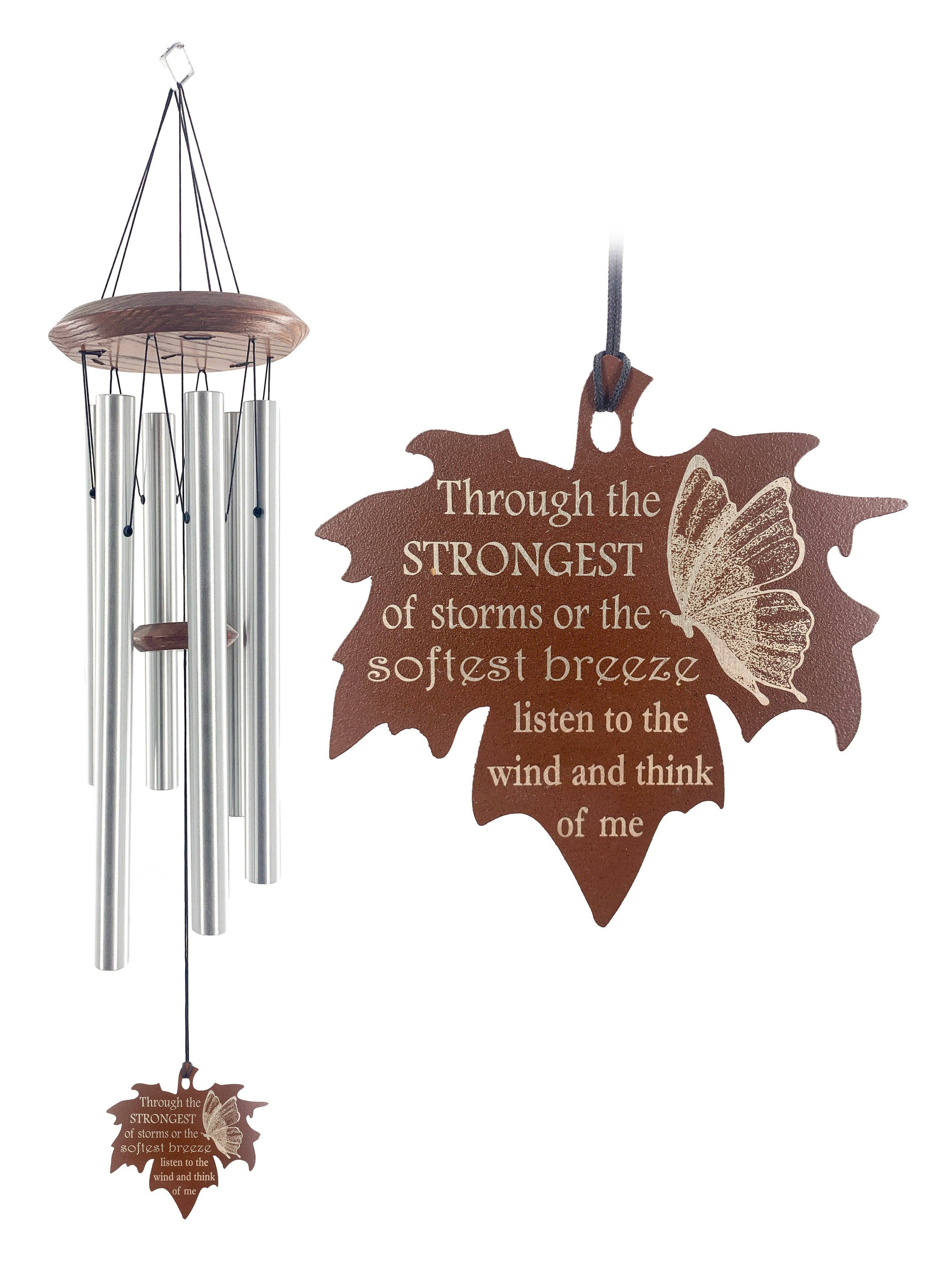 Hand tuned metal memorial wind chime with an engraved butterfly on
